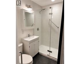 A white bathroom with a toilet, sink, and shower.