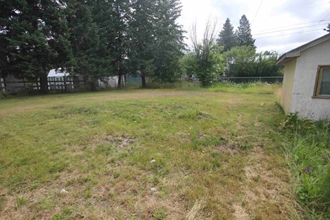 A grassy field with a house and trees in the background.