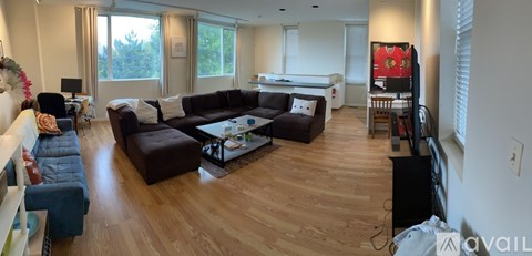 A living room with a white couch and a brown couch.