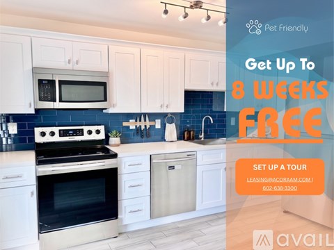 A kitchen with a promotion for a free 8 week lease.