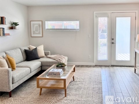 A living room with a grey couch, a wooden coffee table, and a rug.