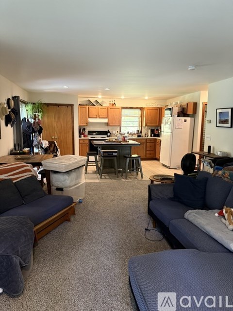 A living room with a couch and a kitchen in the background.