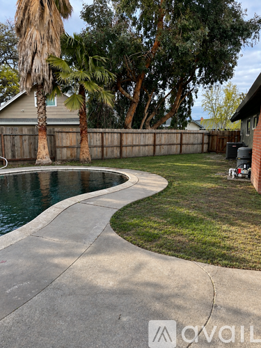 A backyard with a pool and a concrete walkway.