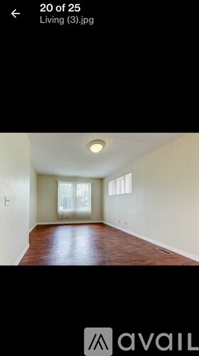 A room with a wooden floor and a window with curtains.