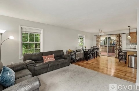 A living room with a grey couch and a grey rug.
