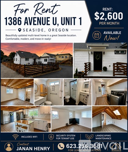 A flyer advertises a rental property at 1386 Avenue U, Unit 1 in Seaside, Oregon, with a monthly rent of $2,600.
