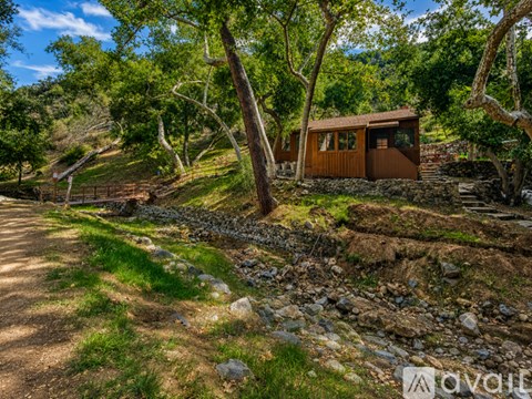 A small brown cabin is nestled among trees in a grassy area.