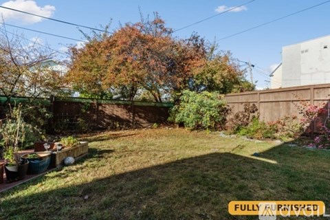 A backyard with a fence and trees.