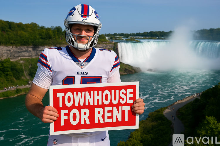 A man in a Buffalo Bills jersey holds a sign offering a townhouse for rent.
