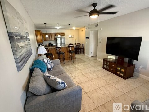 A living room with a grey couch and a black television.