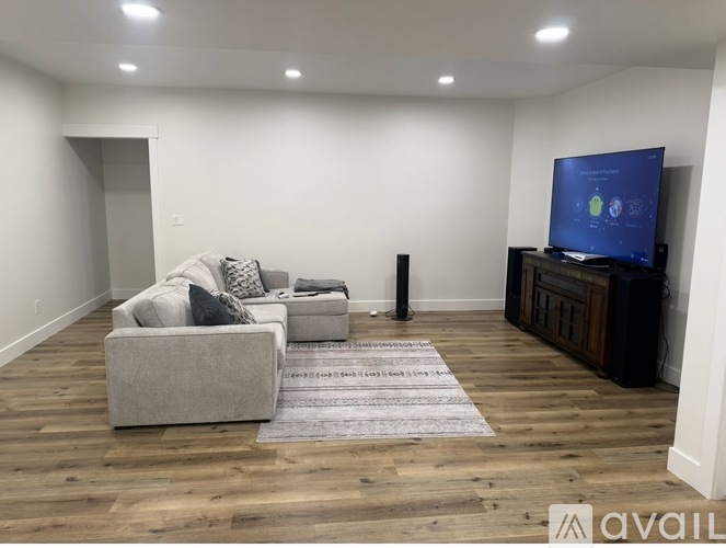 A living room with a grey couch, a rug, and a television on a wooden stand.