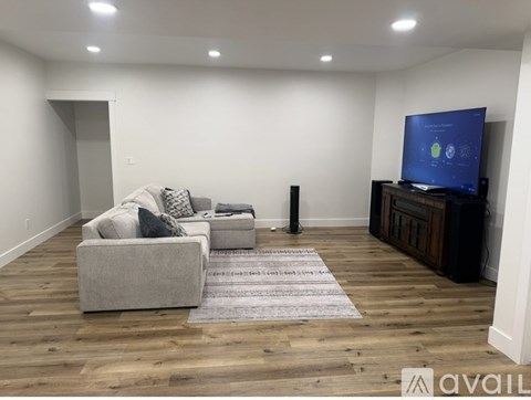 A living room with a grey couch, a rug, and a television on a wooden stand.