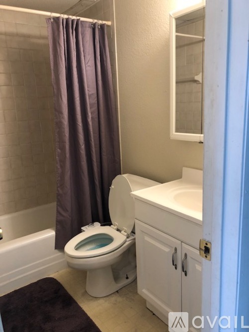 A bathroom with a toilet, sink, and shower curtain.