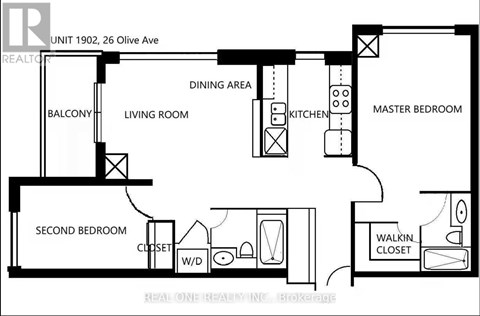 A black and white diagram of a house layout with a living room, dining area, kitchen, two bedrooms, and a walk-in closet.