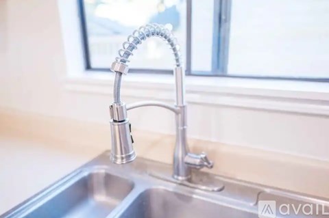 A kitchen sink with a chrome faucet and a pull-down sprayer.