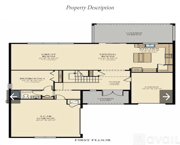 A floor plan of a property with a first floor that includes a garage and a dining room.