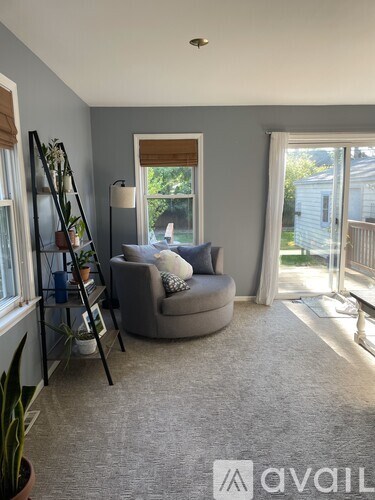 A living room with a grey couch and a ladder.