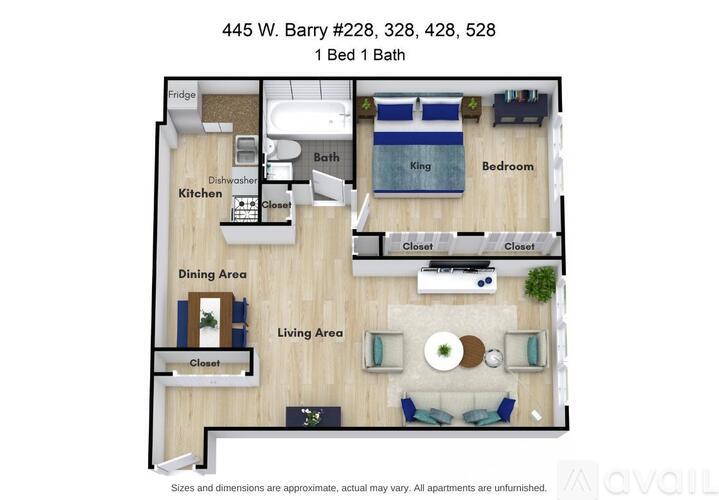 A floor plan of a one bedroom apartment with a living area and a dining area.