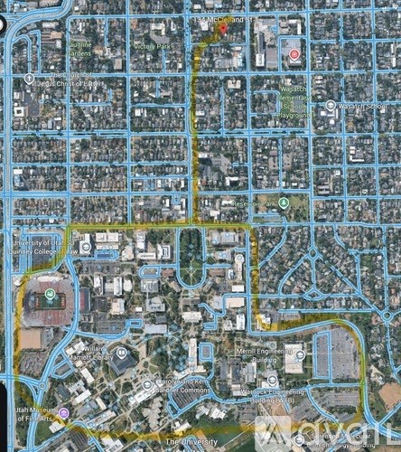 A map of a city with streets and buildings.