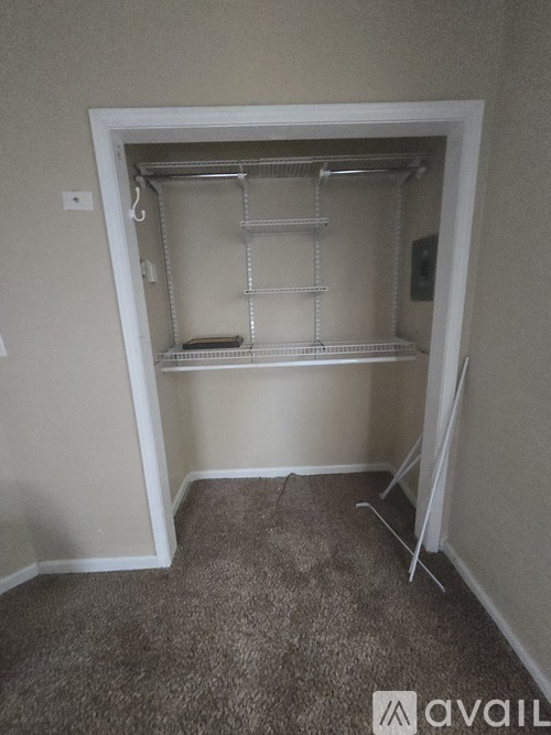 A small walk-in closet with shelves and a carpeted floor.