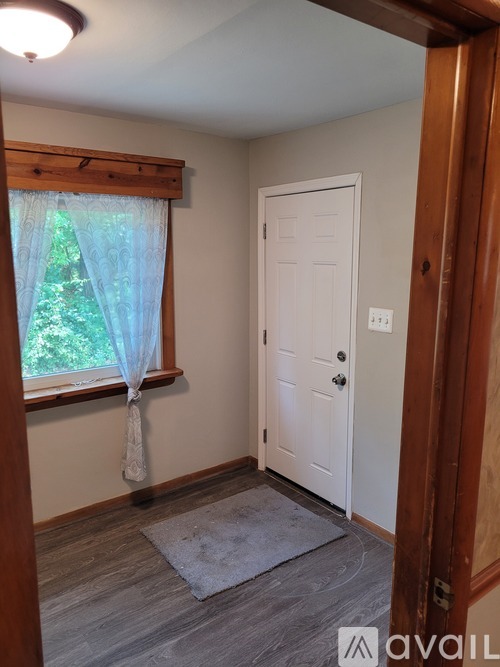 A room with a white door, a window with a curtain, and a rug on the floor.
