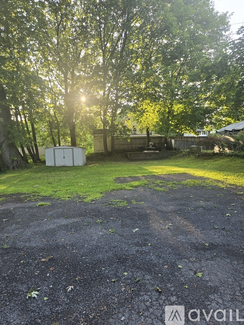 A backyard with a gravel area and trees.