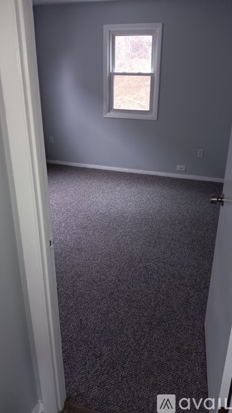 A room with a carpeted floor and a window.