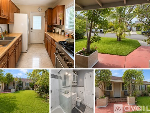 A collage of images showcasing a kitchen, backyard, and bathroom of a property.