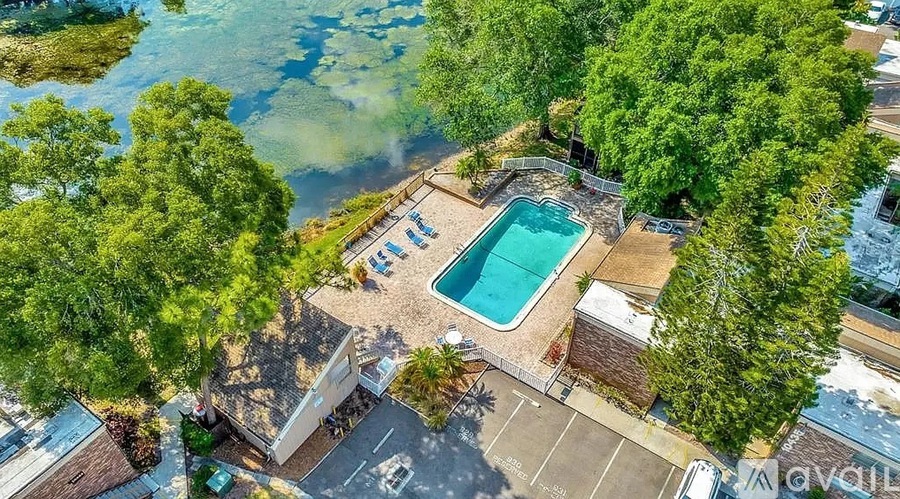 A bird's eye view of a swimming pool surrounded by trees.