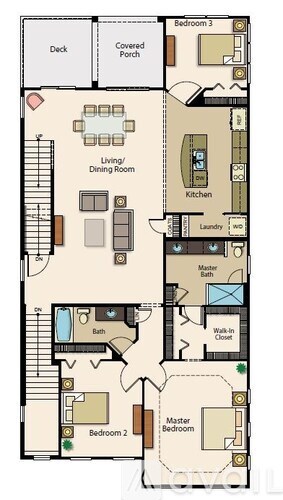 A floor plan of a house with a deck, covered porch, and three bedrooms.