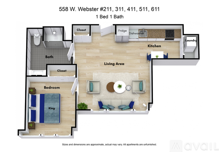 A floor plan of a one bedroom apartment with a living area and bathroom.