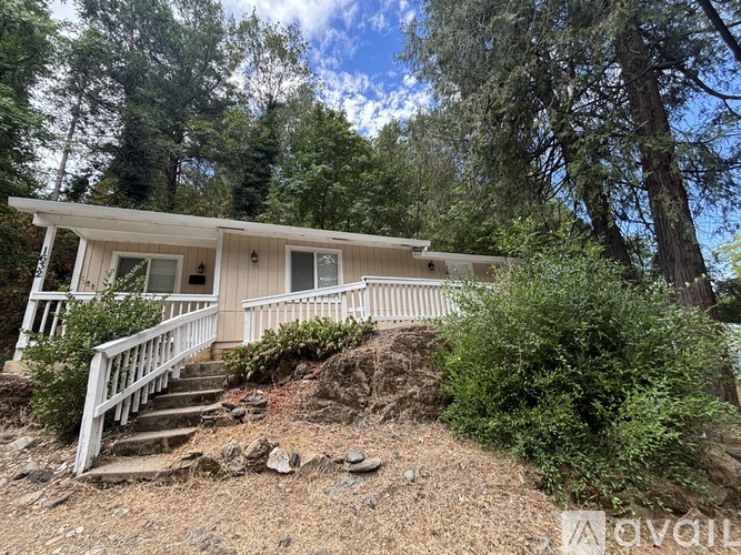 A house with a white porch and stairs leading up to it is surrounded by trees.