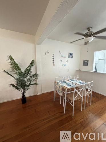 A room with a wooden floor, a dining table with chairs, a ceiling fan, and a plant.