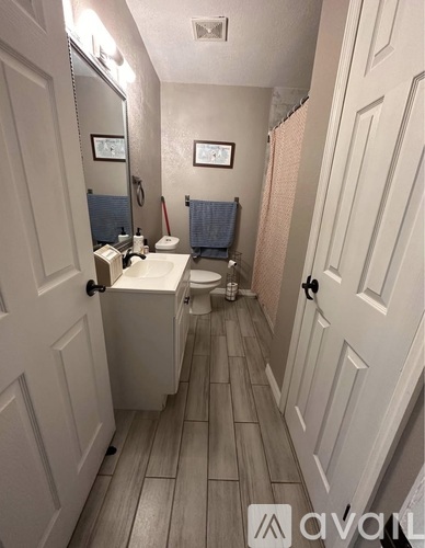 A bathroom with a toilet, sink, and mirror.