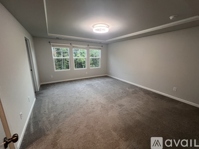 A room with a carpeted floor, a door, and a window with blinds.