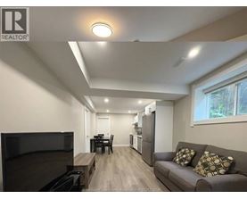 A living room with a grey couch and a television.
