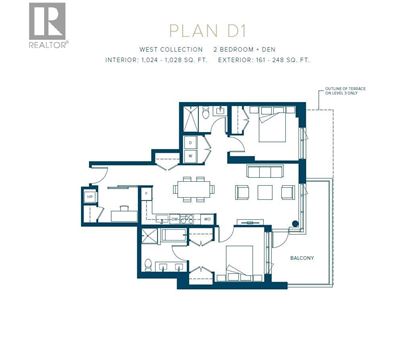 A floor plan for a 2 bedroom and den apartment.