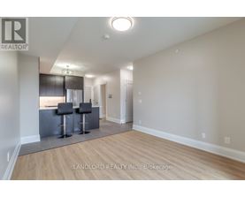 A spacious room with a bar area and a refrigerator.