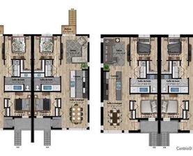 A floor plan of an apartment complex with two buildings, each containing multiple units with labeled rooms.