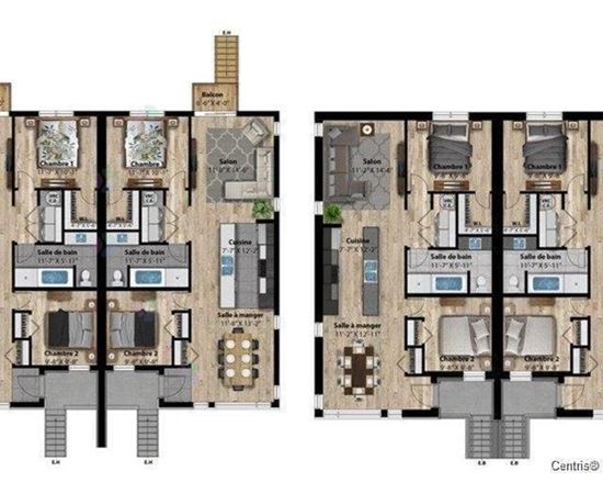 A floor plan of an apartment complex with two buildings, each containing multiple units with labeled rooms.