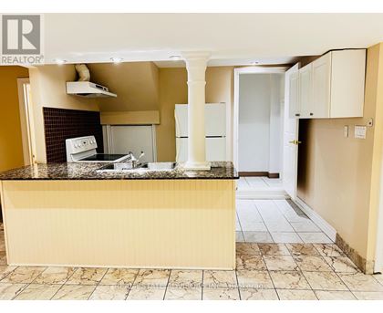 A kitchen with a counter top and a fridge.