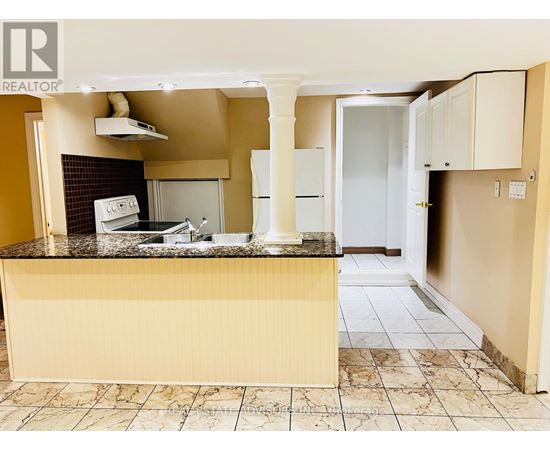 A kitchen with a counter top and a fridge.