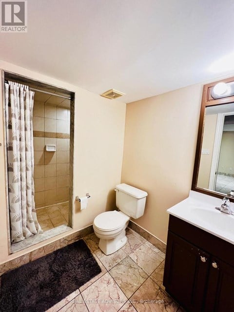 A bathroom with a toilet, sink, and shower.