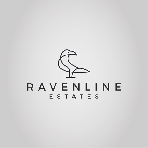 A logo for Ravenline Estates featuring a stylized raven.