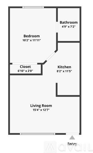 A floor plan of a small apartment with a living room, bedroom, kitchen, bathroom and closet.