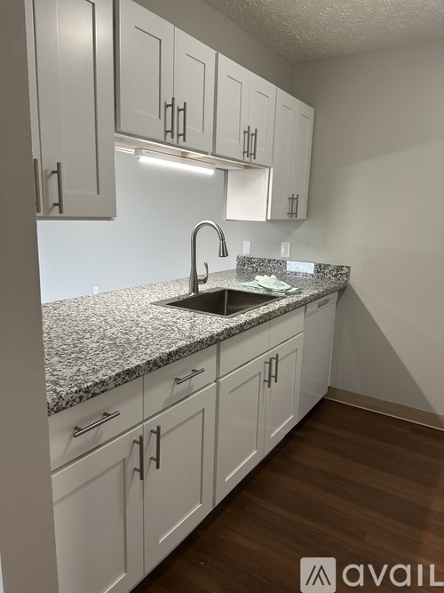 A kitchen with white cabinets and a granite countertop.