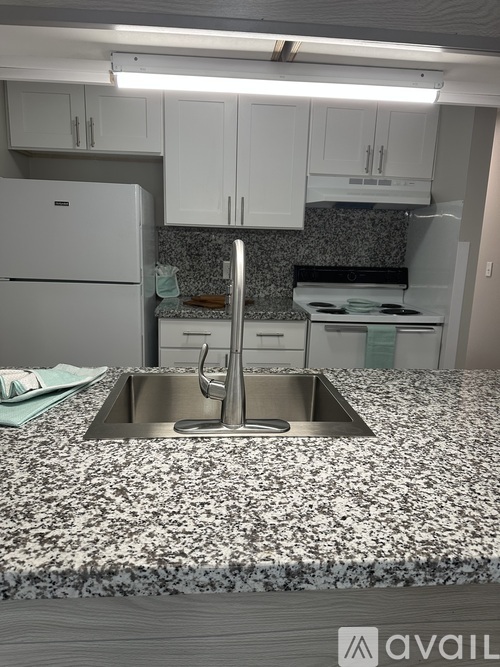 A kitchen with a granite countertop and a sink.