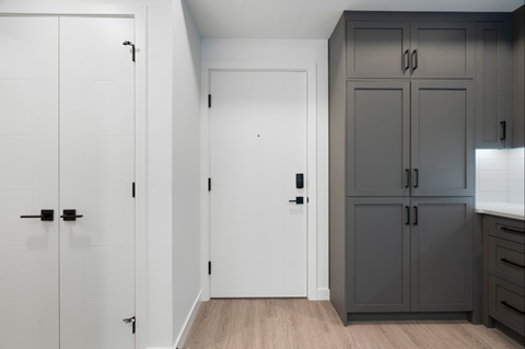 A white door is on the left and a black door is on the right.