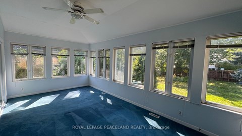 A spacious room with a ceiling fan and large windows.