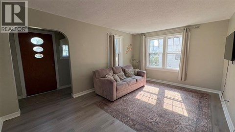 A living room with a couch and a rug.